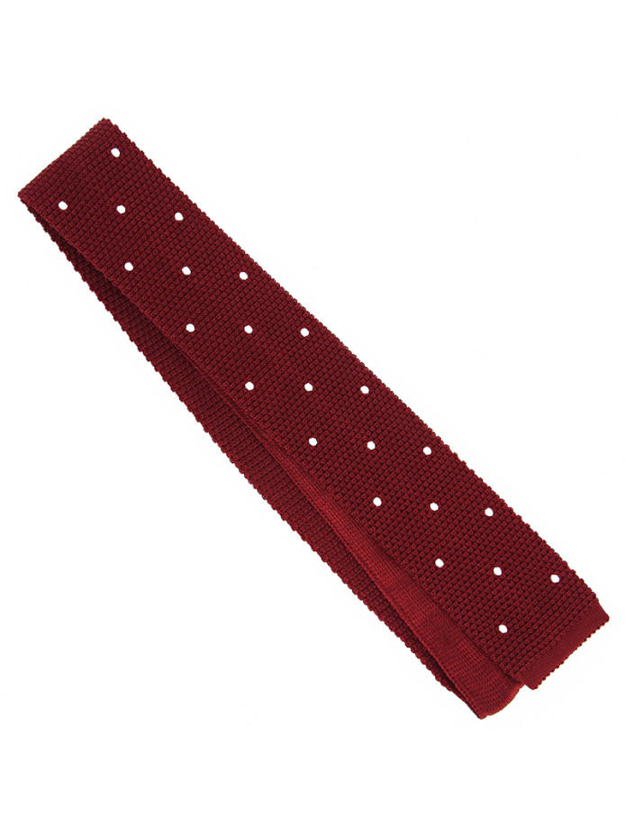 Corbata de punto de seda rojo granate con lunares blancos