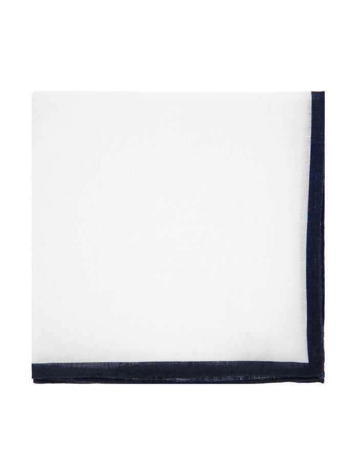 Pañuelo de bolsillo de lino blanco con dobladillo azul marino