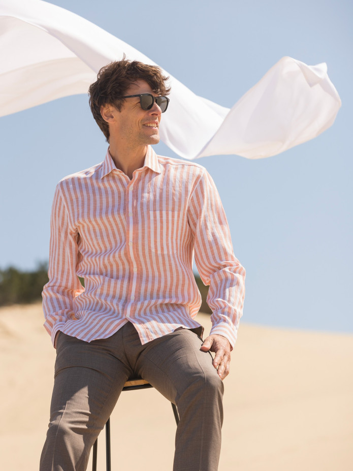CAMISA DE LINO A RAYAS - NARANJA