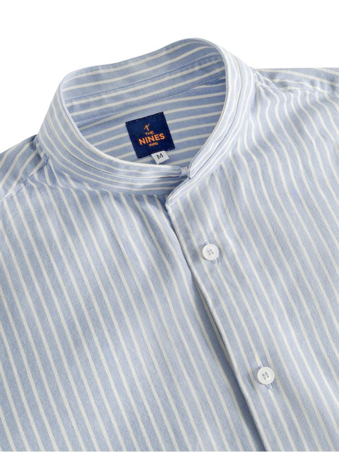 Chemise col mao en oxford japonais à rayures bleu ciel