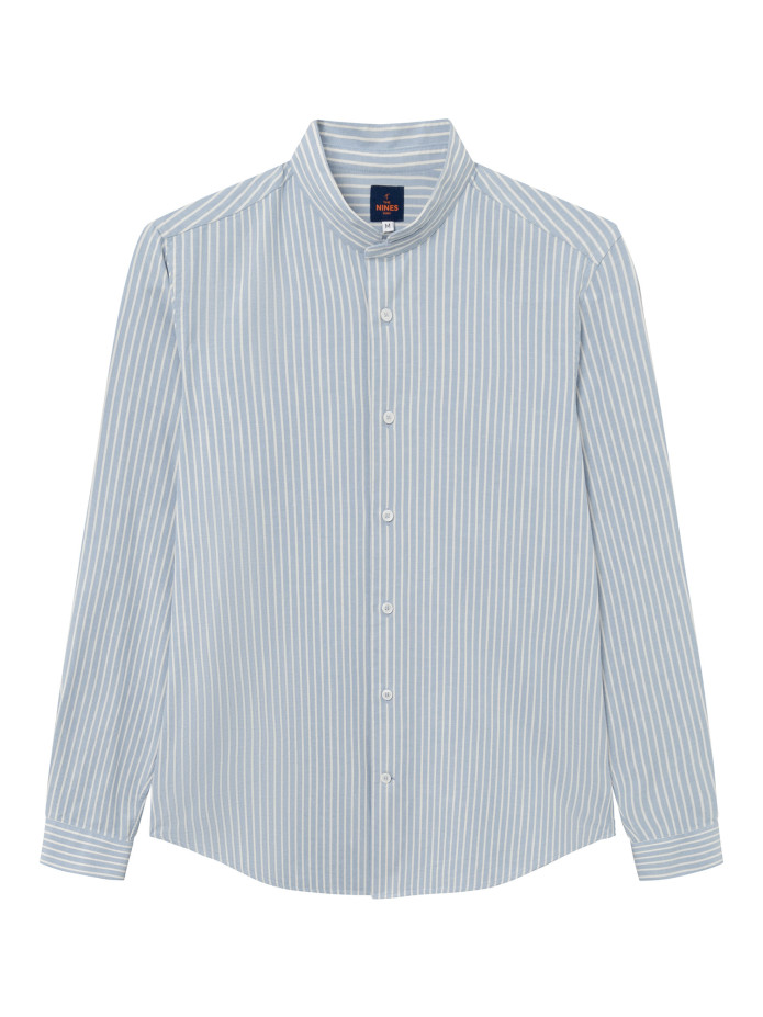 Chemise col mao en oxford japonais à rayures bleu ciel