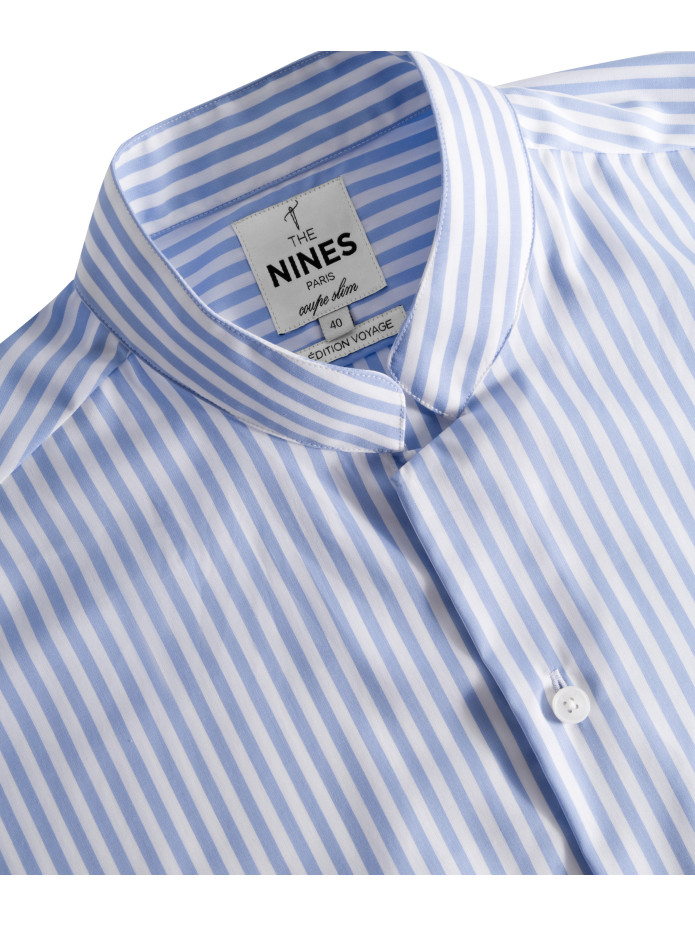 Chemise infroissable col droit à rayures bleu ciel