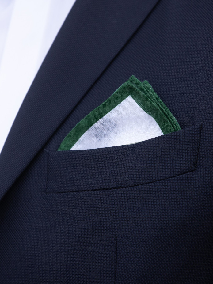 Pañuelo de bolsillo de traje de lino blanco con dobladillo verde inglés