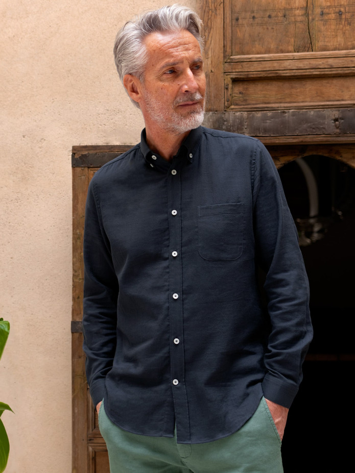Chemise col américain en gaze de coton bleu marine