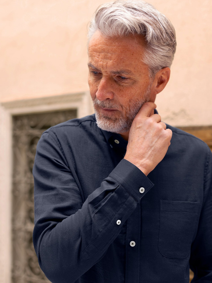 Camisa cuello americano de gasa de algodón azul marino