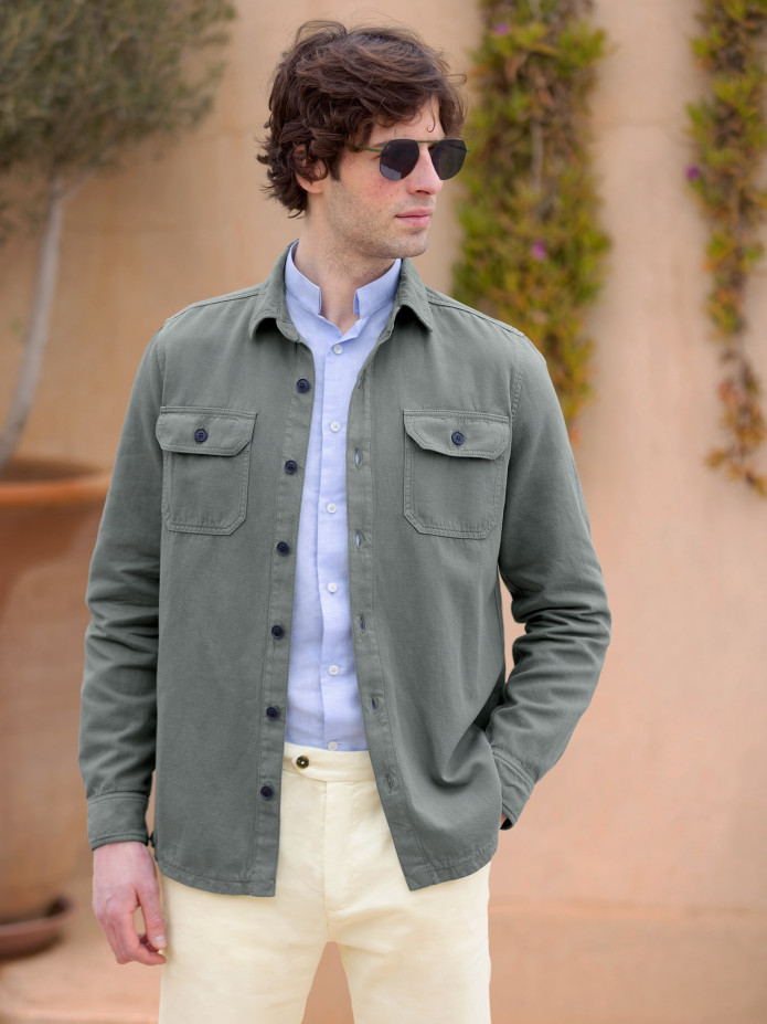 Sobrecamisa verde caqui de lino y algodón