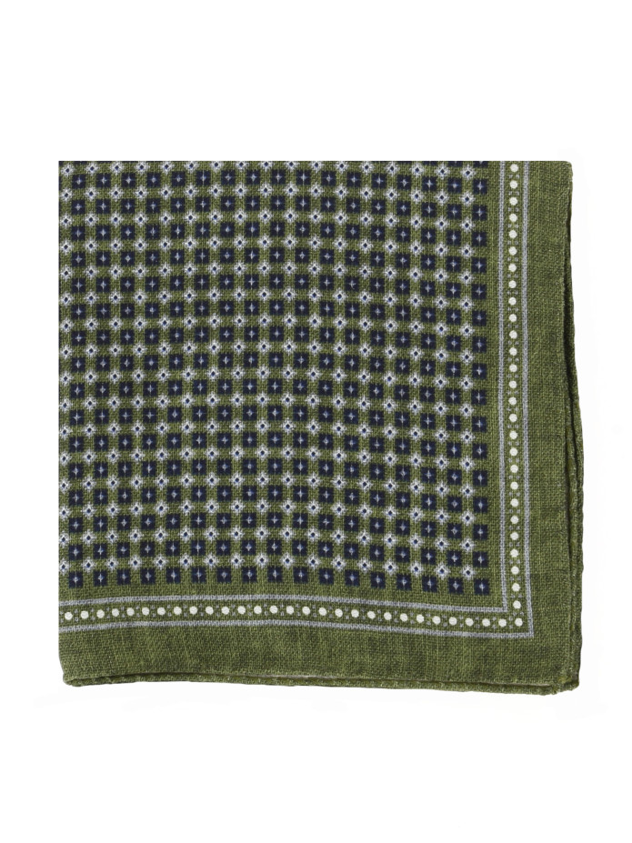 Pañuelo de traje de seda verde con motivos cuadrados azules