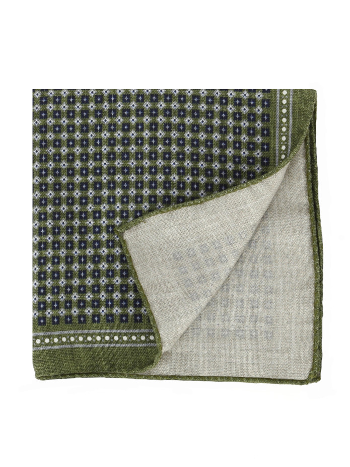 Pañuelo de bolsillo de seda verde con motivos cuadrados azules