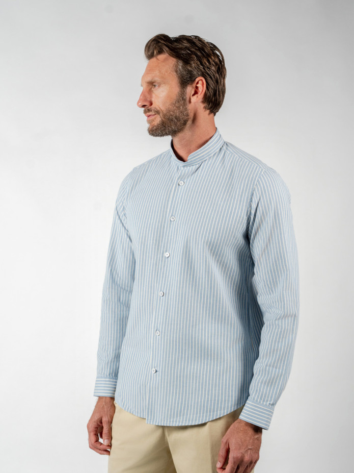 Camisa cuello mao en oxford japonés con rayas azul cielo