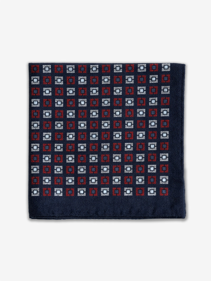 Pañuelo de traje en lana azul marino con motivos de cuadros