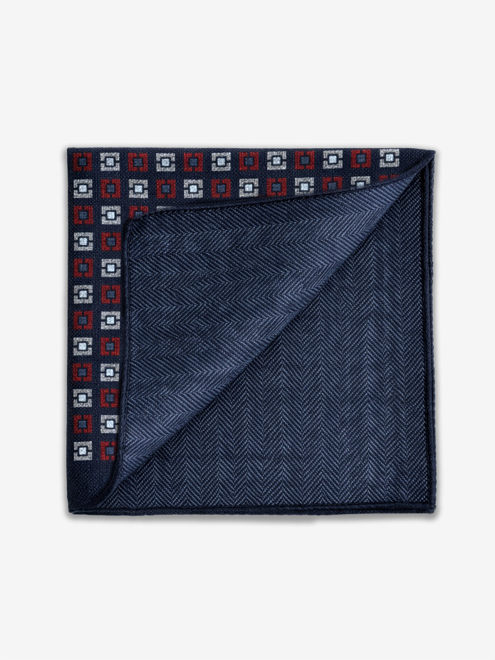 Pañuelo de traje en lana azul marino con motivos de cuadros