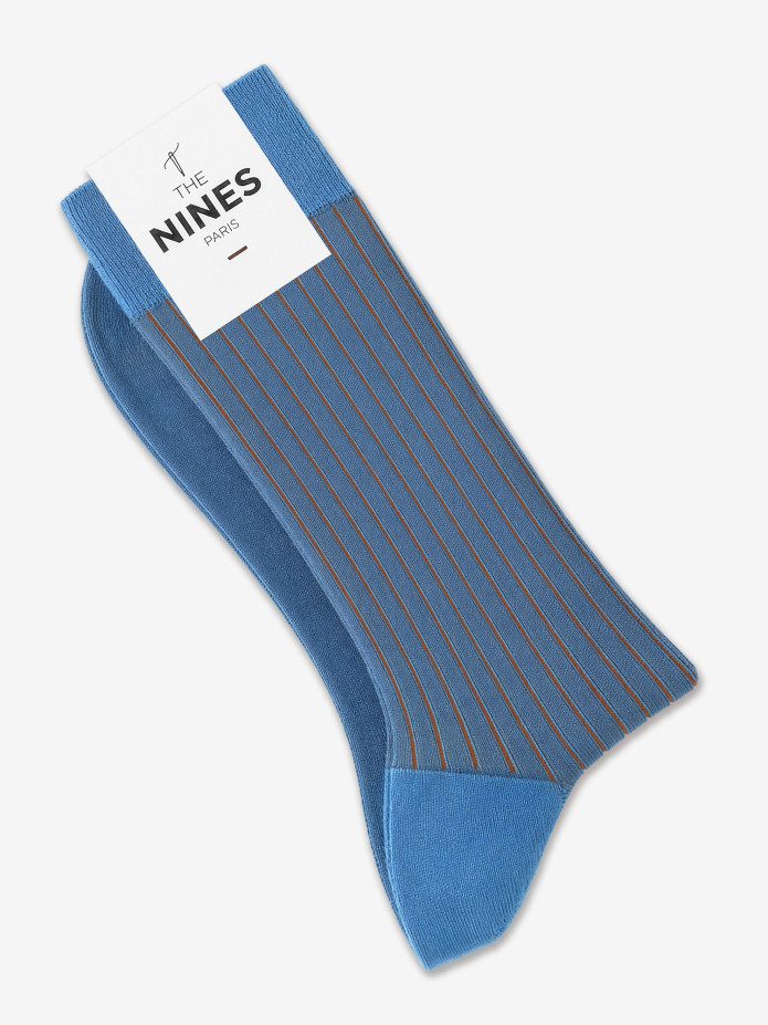 Calcetines hilo de Escocia rayados azul cielo y naranja
