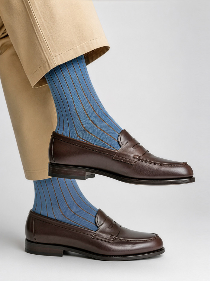 Calcetines hilo de Escocia rayados azul cielo y naranja
