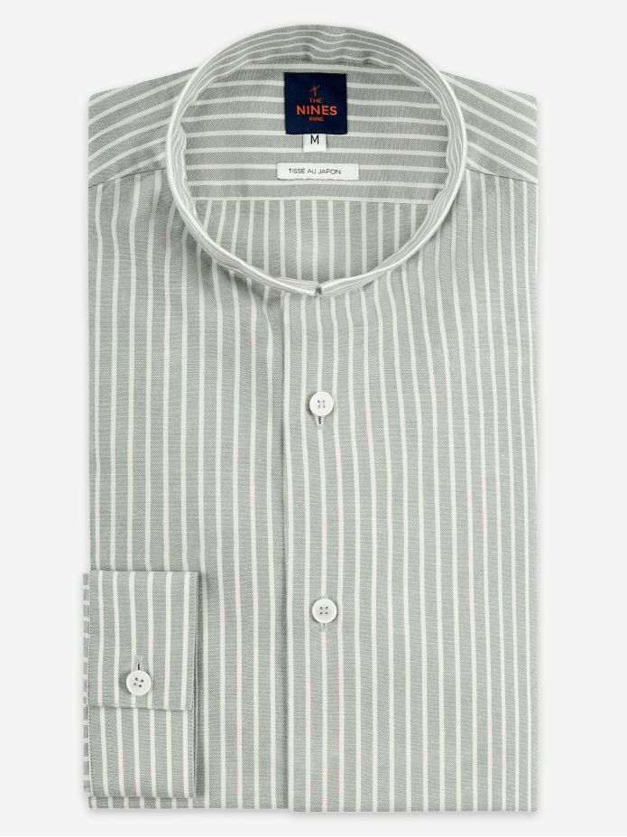 Camisa cuello inverso en oxford japonés con rayas verdes