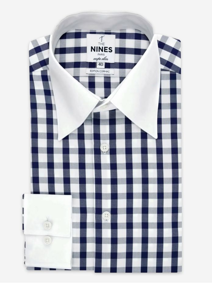 Camisa de cuello francés en sarga vichy azul marino
