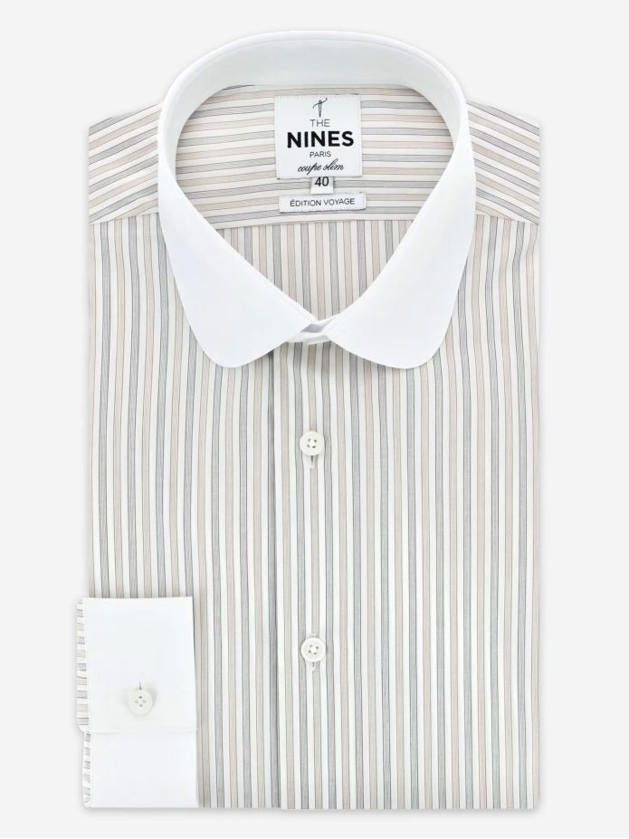 Camisa de cuello redondo antiarrugas con rayas marrones