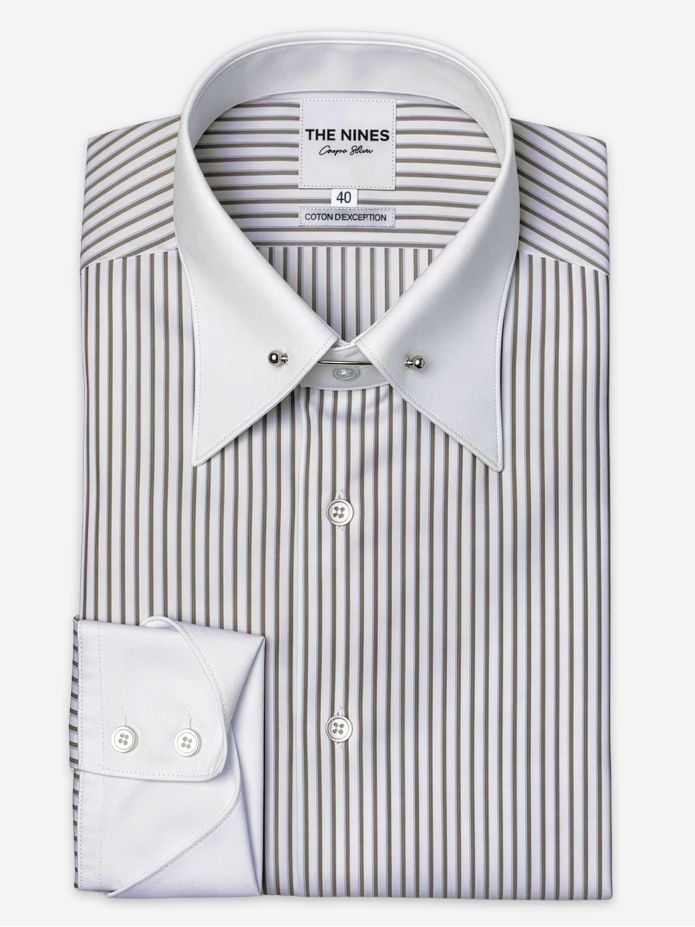 Camisa cuello alfiler con rayas marrón y celeste