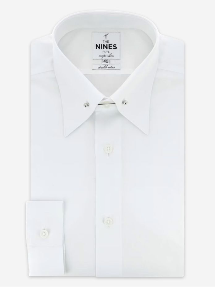 Camisa cuello alfiler con rayas marrón y celeste