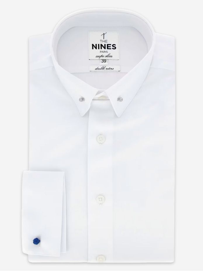 Camisa blanca de puño doble con cuello pequeño de alfiler