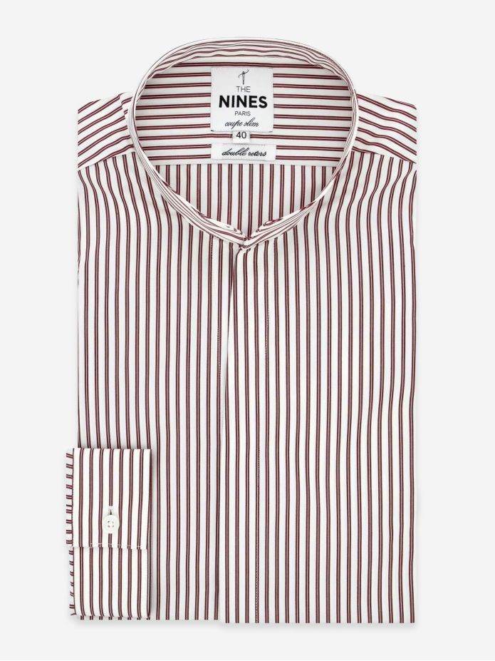 Camisa cuello recto abierto a rayas burdeos