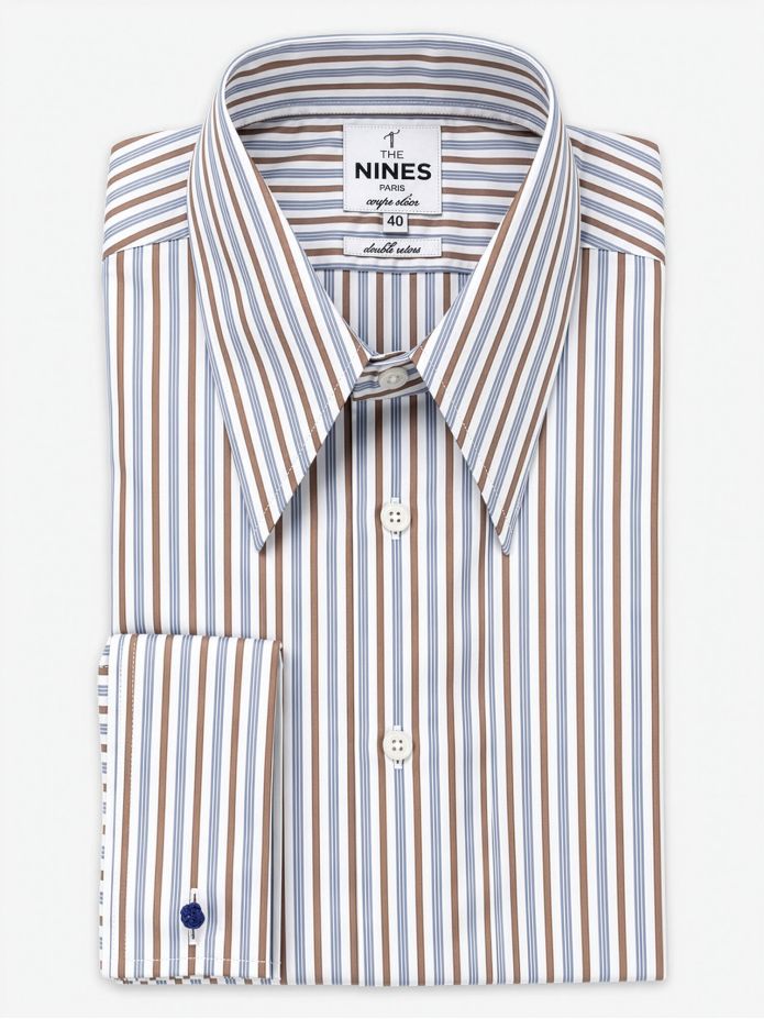 Camisa cuello de puntas con rayas azules y marrones