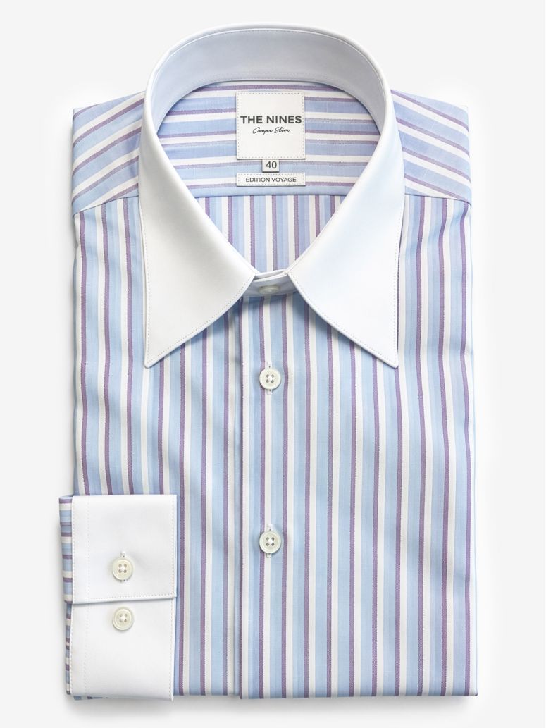 Camisa de cuello francés inarrugable a rayas azul cielo y violeta