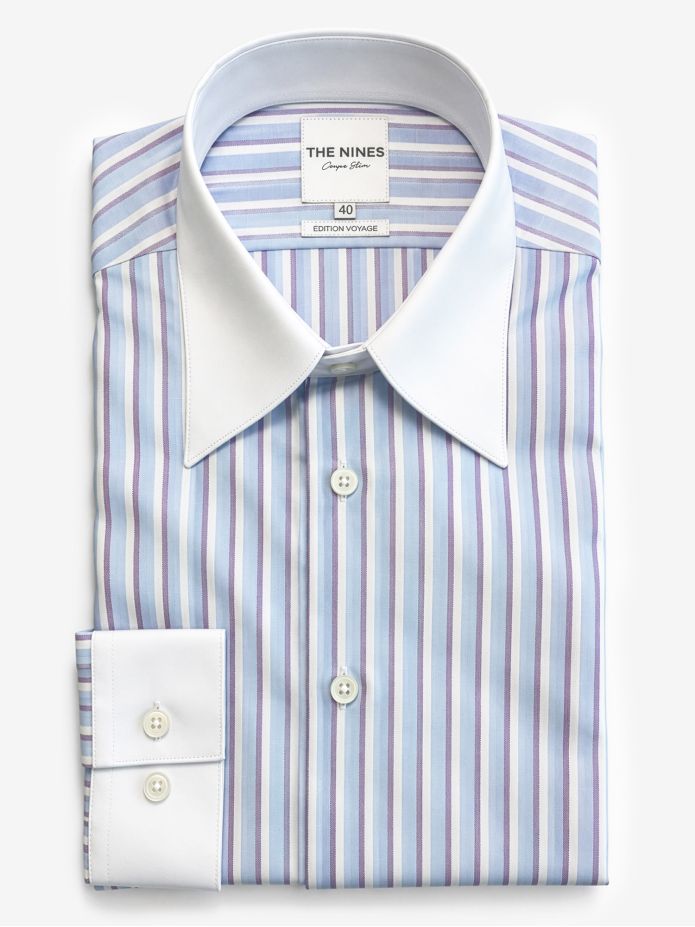 Camisa de cuello francés inarrugable a rayas azul cielo y violeta