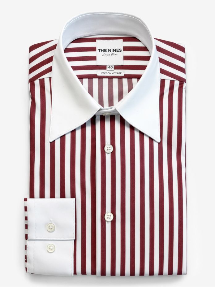 Camisa de cuello francés inarrugable a rayas burdeos