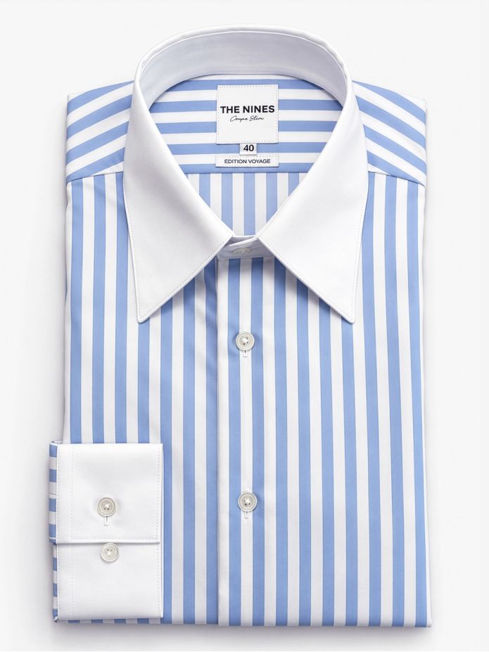 Camisa de cuello francés inarrugable a rayas azul cielo