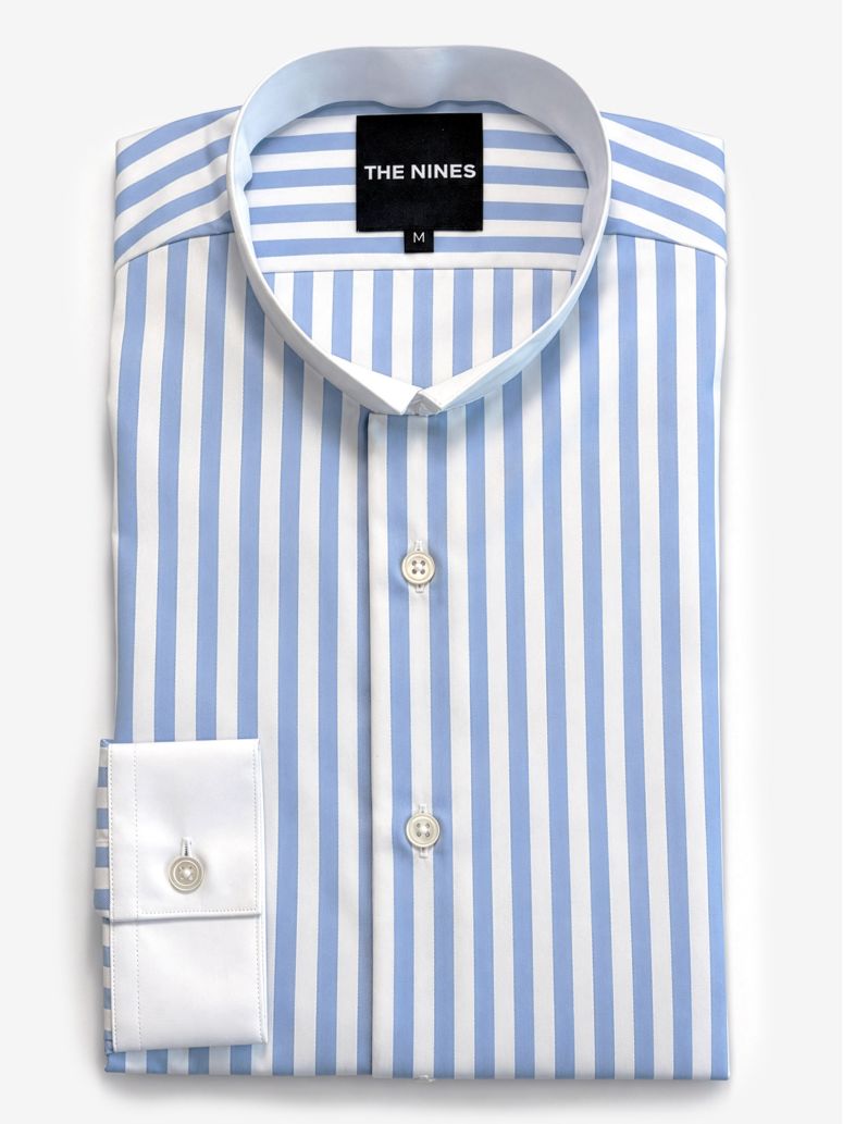 Camisa de cuello italiano invertido inarrugable a rayas azul cielo