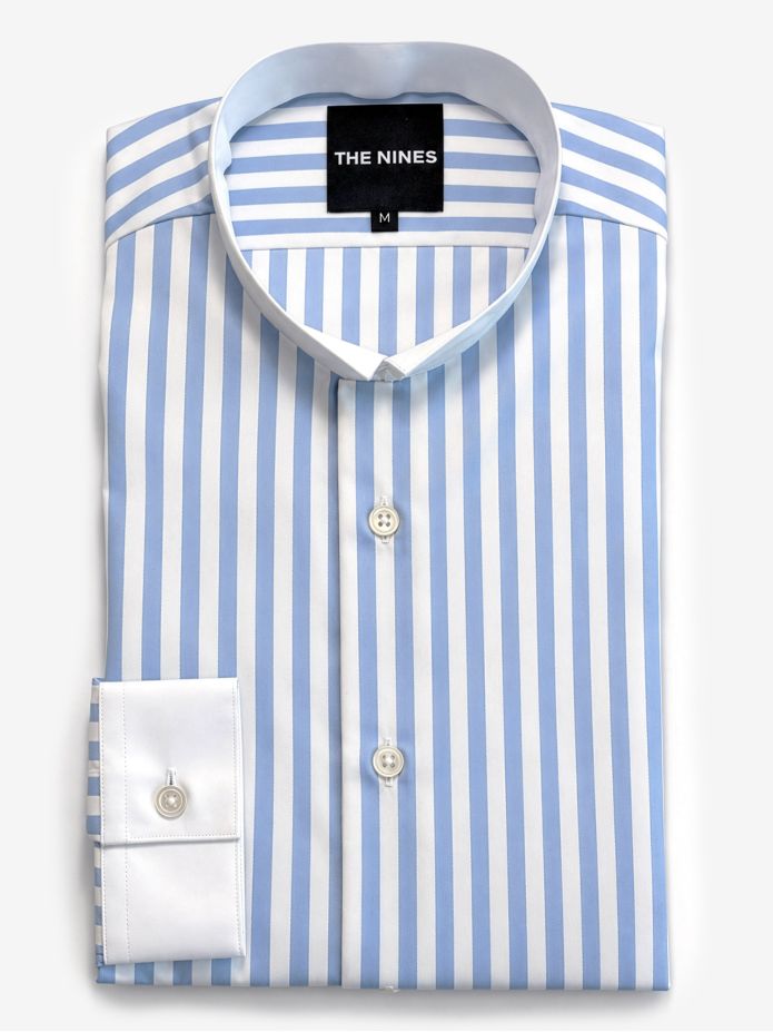 Camisa de cuello italiano invertido inarrugable a rayas azul cielo