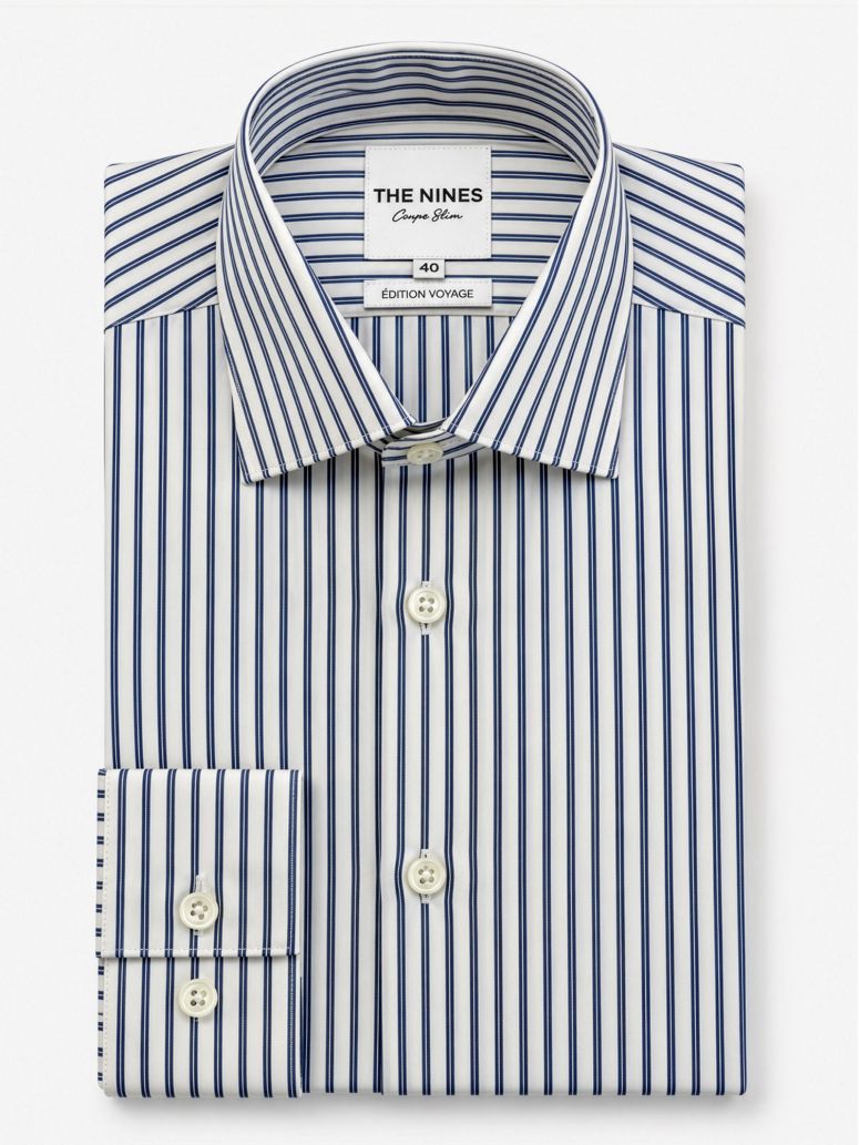 Camisa de cuello italiano inarrugable a rayas azul marino