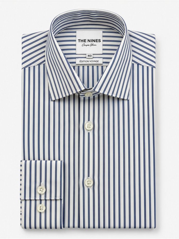 Camisa de cuello italiano inarrugable a rayas azul marino