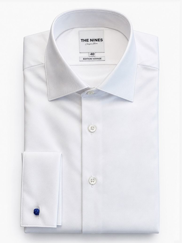 Camisa de cuello italiano en twill blanco con puños de gemelos