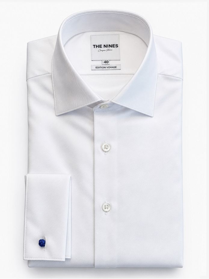 Camisa de cuello italiano en twill blanco con puños de gemelos