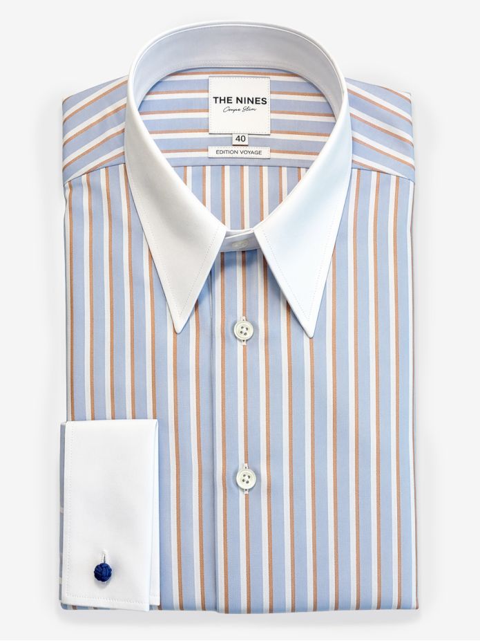 Camisa de cuello de punta a rayas azul cielo y marrón