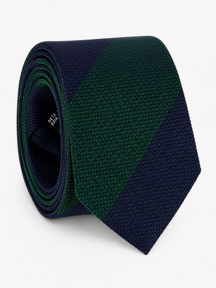 Corbata de seda granadina azul marino con rayas verdes