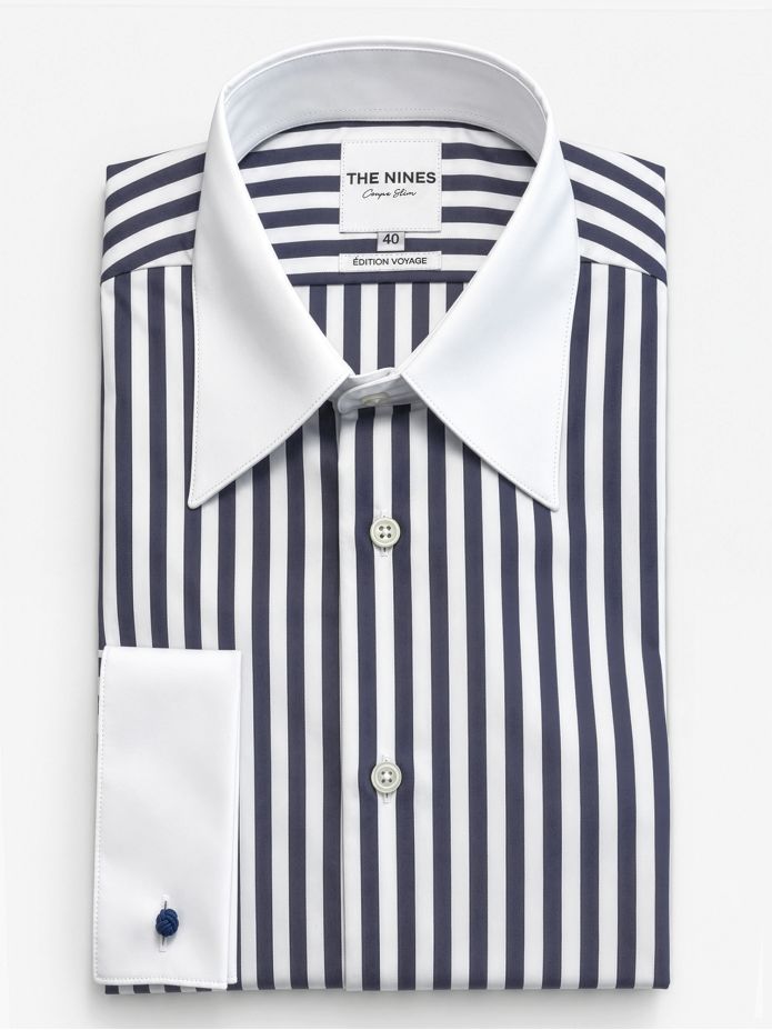 Camisa de cuello francés a rayas azul marino con puños de gemelos