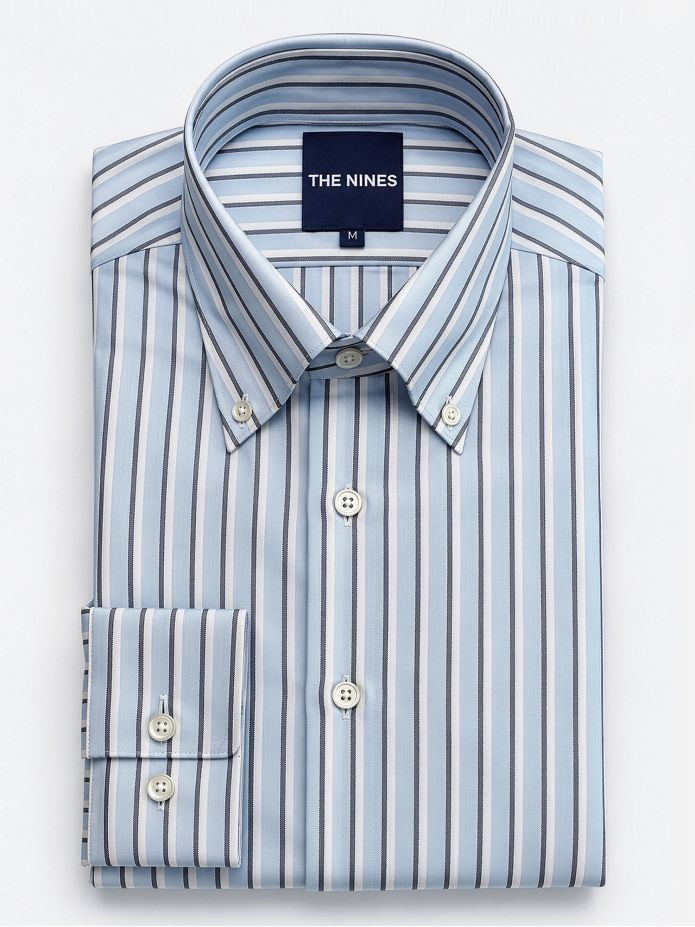 Camisa de cuello americano a rayas azul cielo y azul marino