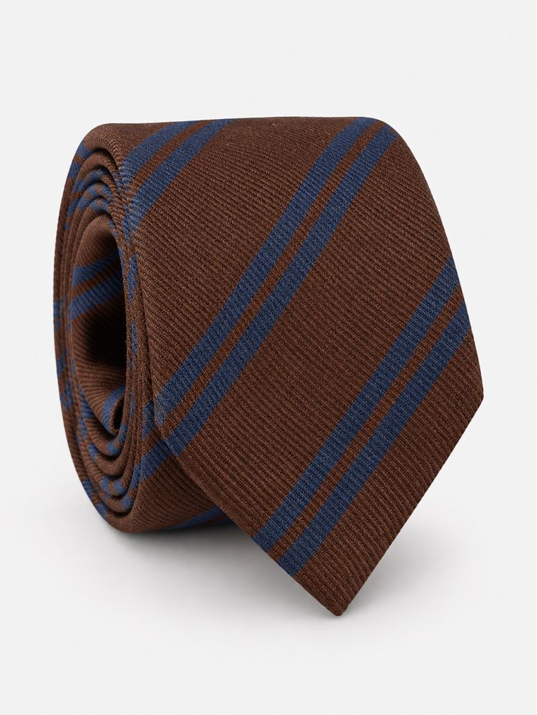 Corbata club de seda marrón con doble rayas