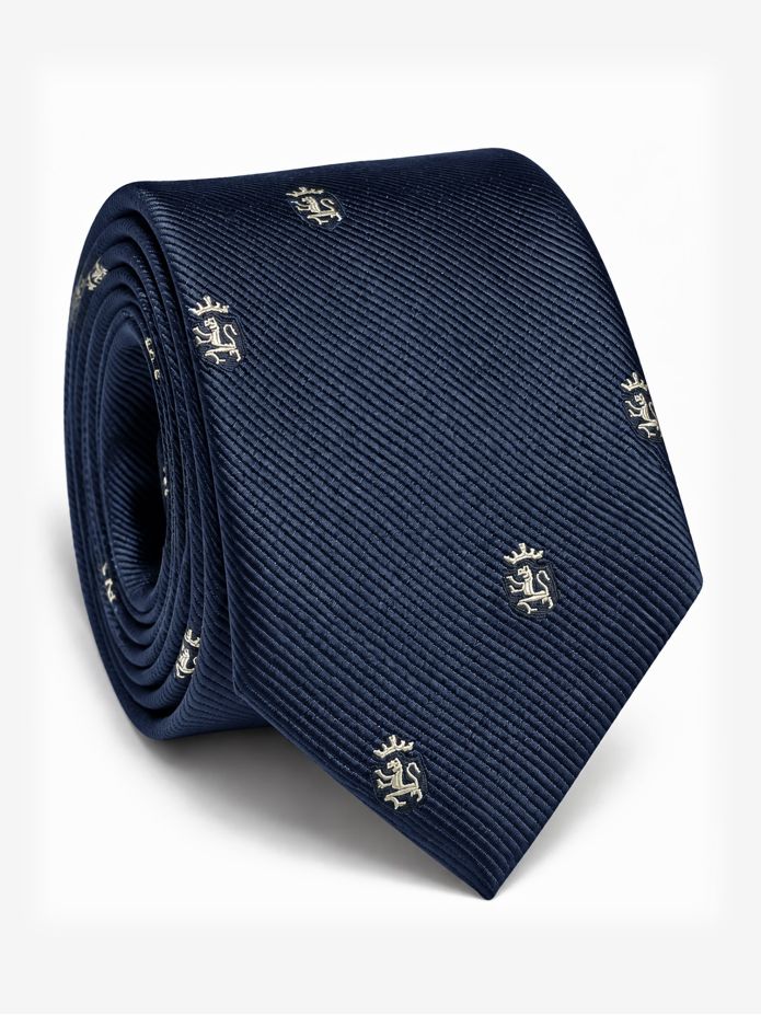 Corbata de seda azul marino con motivos de leones