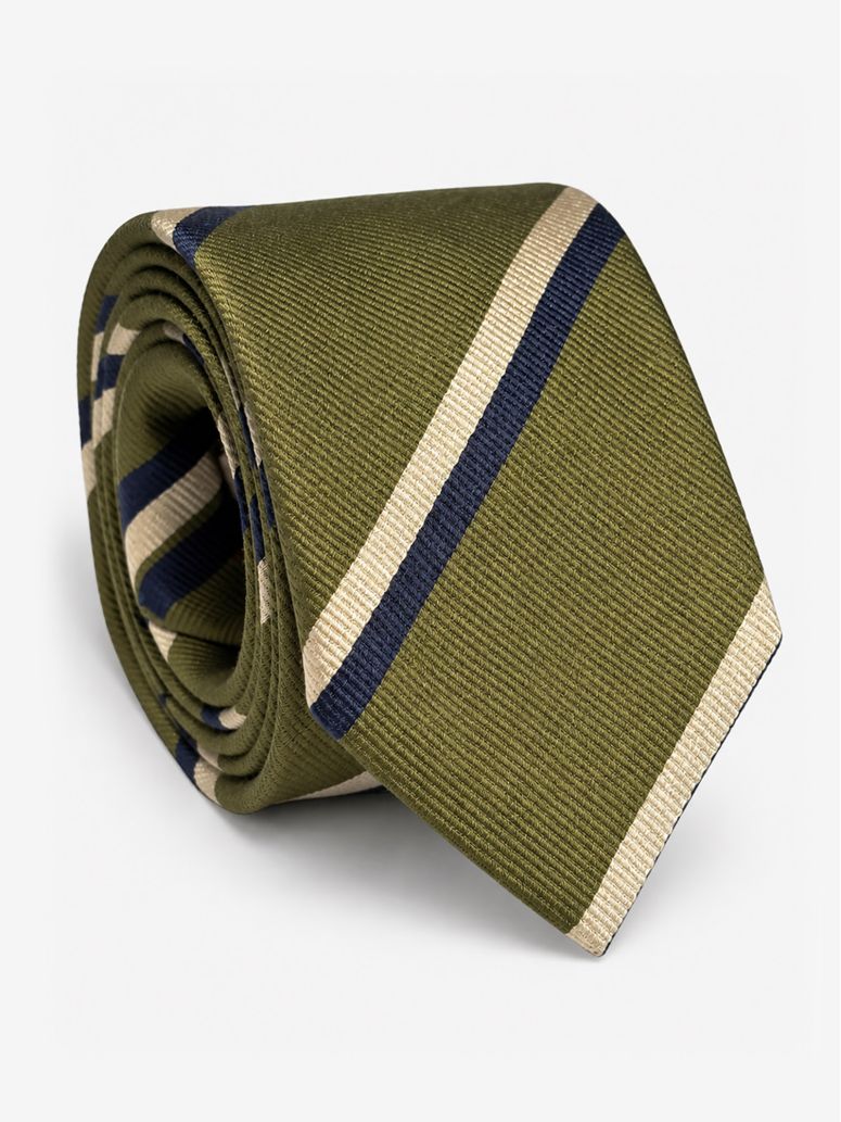 Corbata club de seda verde con rayas marino y crema