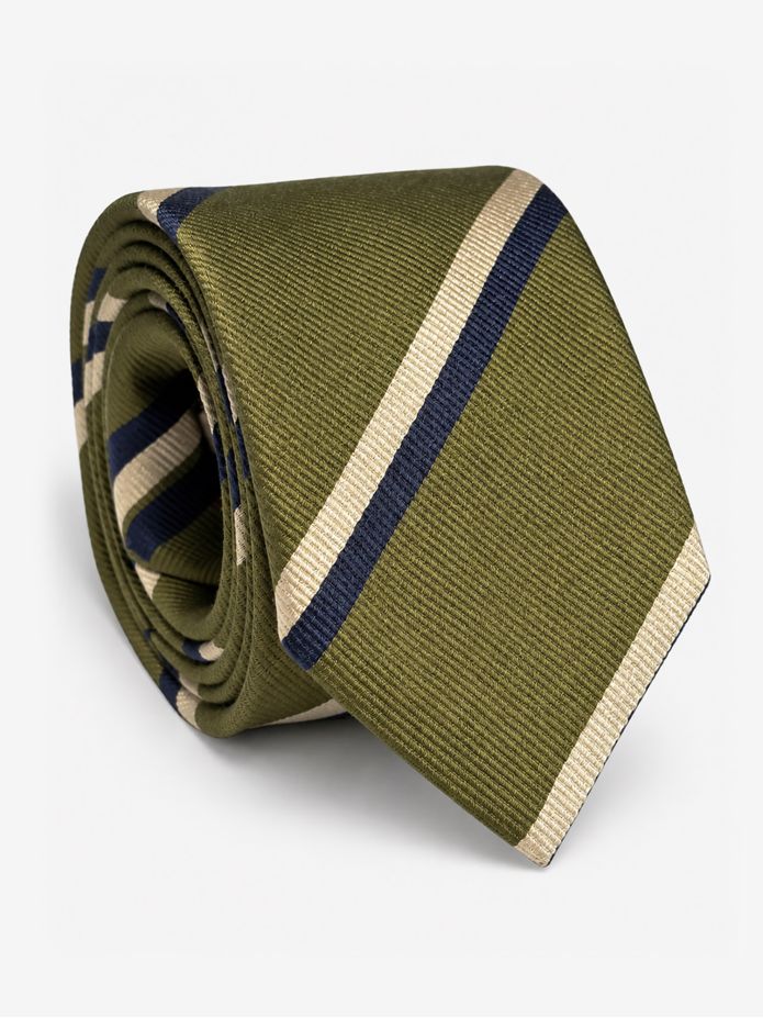 Corbata club de seda verde con rayas marino y crema