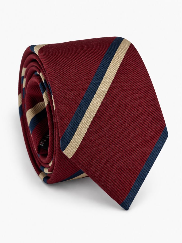 Corbata de club de seda burdeos con rayas azul marino y crema