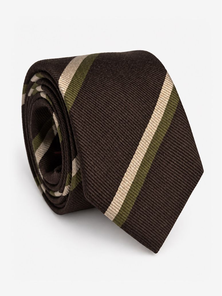 Corbata club de seda marrón con rayas verdes y crema