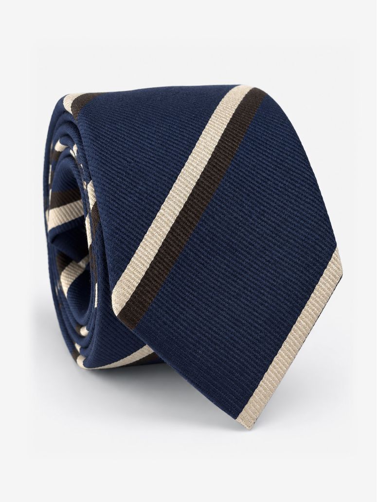 Corbata club de seda azul marino con rayas marrones y crema