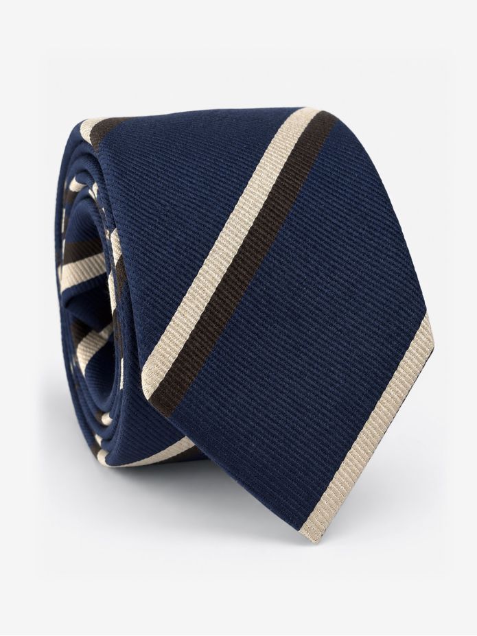 Corbata club de seda azul marino con rayas marrones y crema