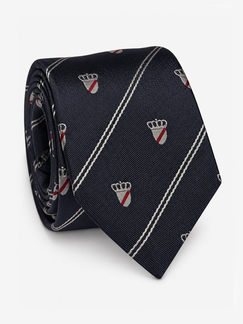 Corbata de seda azul marino con motivos de escudos