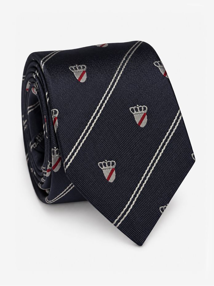 Corbata de seda azul marino con motivos de escudos