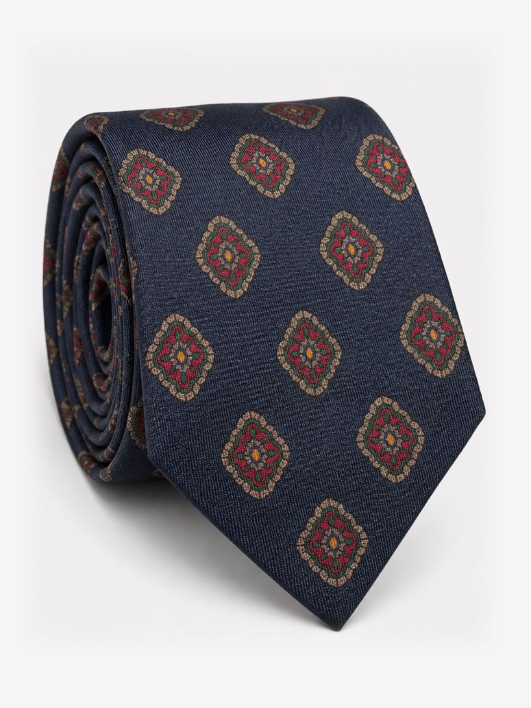 Corbata de seda azul marino con motivos retro